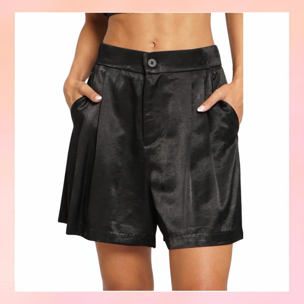 High-Waist Black Satin Pleated Women’s Shorts